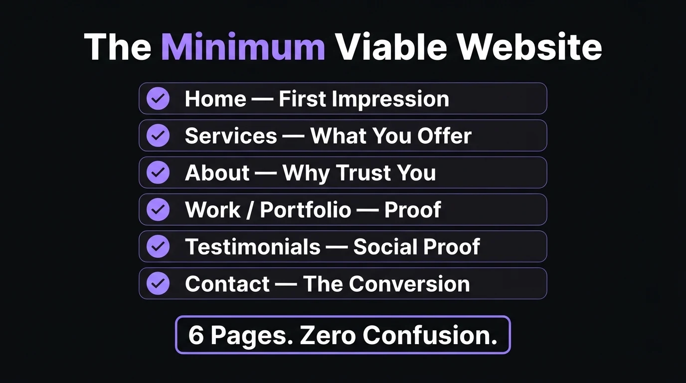 The minimum viable website page checklist: Home, Services, About, Work, Testimonials, Contact